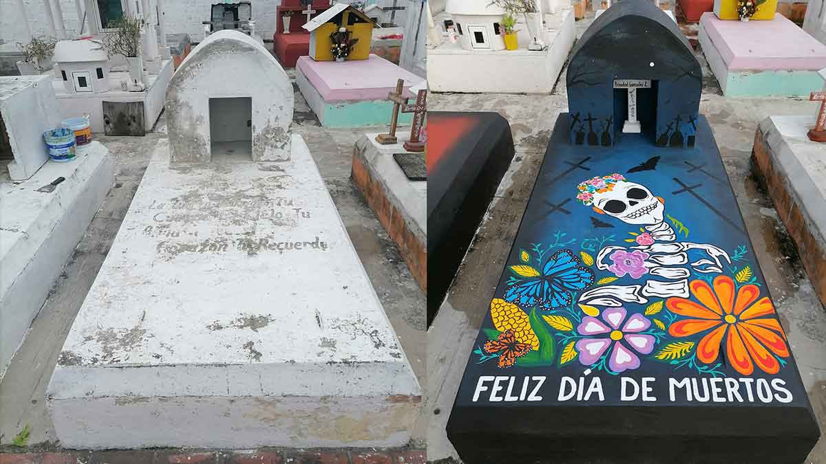 Joven yucateco transforma tumba de su abuelita y recibe elogios por su trabajo.
